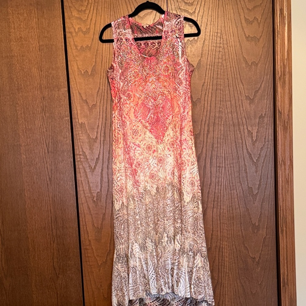 Reba Sleeveless Laser Cut Dress in Coral,  Cream, and Light Brown